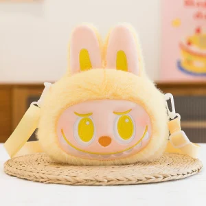 Front view of Labubu Plush Shoulder Yellow Bag – Big Into Energy Series showing embroidered face and bright yellow plush